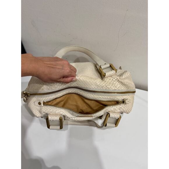 Jimmy Choo Suede Trim Python Embossed Leather Shoulder Top Handle Bag Off White - Picture 10 of 13